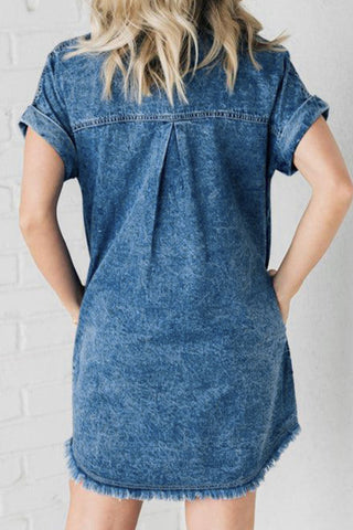 Shop Raw Hem Pocketed Cap Sleeve Denim Dress Now On Klozey Store - Trendy U.S. Premium Women Apparel & Accessories And Be Up-To-Fashion!
