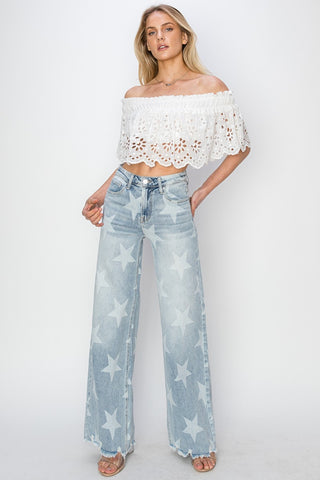 Shop RISEN Full Size Raw Hem Star Wide Leg Jeans Now On Klozey Store - Trendy U.S. Premium Women Apparel & Accessories And Be Up-To-Fashion!