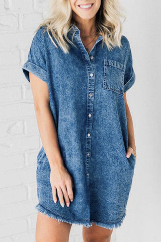 Shop Raw Hem Pocketed Cap Sleeve Denim Dress Now On Klozey Store - Trendy U.S. Premium Women Apparel & Accessories And Be Up-To-Fashion!