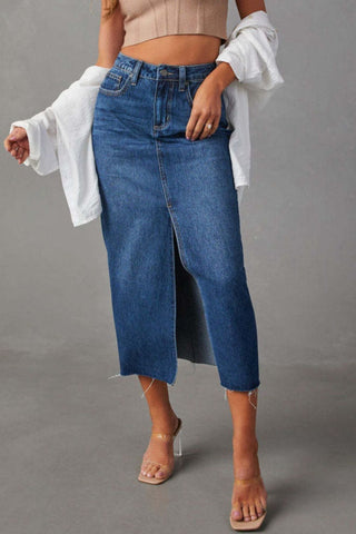 Shop Slit Raw Hem Midi Denim Skirt Now On Klozey Store - Trendy U.S. Premium Women Apparel & Accessories And Be Up-To-Fashion!