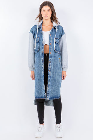 Shop American Bazi Contrast Longline Hooded Denim Jacket Now On Klozey Store - Trendy U.S. Premium Women Apparel & Accessories And Be Up-To-Fashion!