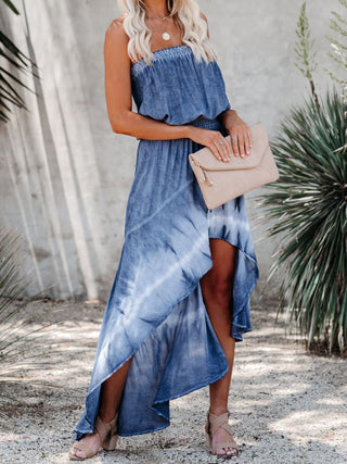 Shop Smocked High-Low Tube Denim Dress Now On Klozey Store - Trendy U.S. Premium Women Apparel & Accessories And Be Up-To-Fashion!