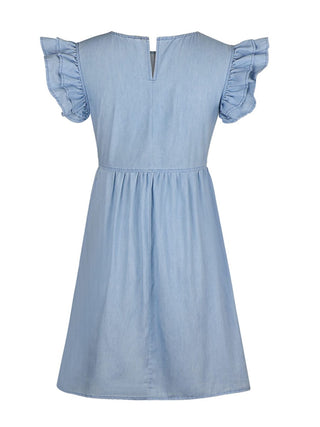Shop Full Size Ruffled Round Neck Cap Sleeve Denim Dress Now On Klozey Store - Trendy U.S. Premium Women Apparel & Accessories And Be Up-To-Fashion!