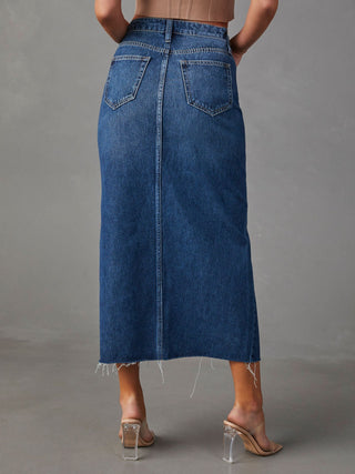 Shop Slit Raw Hem Midi Denim Skirt Now On Klozey Store - Trendy U.S. Premium Women Apparel & Accessories And Be Up-To-Fashion!