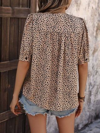 Shop Leopard Notched Half Sleeve Blouse Now On Klozey Store - Trendy U.S. Premium Women Apparel & Accessories And Be Up-To-Fashion!