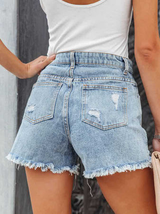 Shop Distressed Fringe Denim Shorts with Pockets Now On Klozey Store - Trendy U.S. Premium Women Apparel & Accessories And Be Up-To-Fashion!