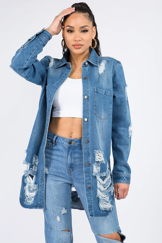 Shop American Bazi Distressed Button Down Denim Shirt Jacket Now On Klozey Store - Trendy U.S. Premium Women Apparel & Accessories And Be Up-To-Fashion!