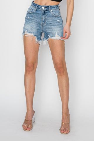Shop RISEN High Rise Frayed Hem Denim Shorts Now On Klozey Store - Trendy U.S. Premium Women Apparel & Accessories And Be Up-To-Fashion!