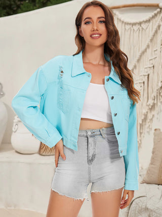 Shop Distressed Distressed Button Up Denim Jacket Now On Klozey Store - Trendy U.S. Premium Women Apparel & Accessories And Be Up-To-Fashion!