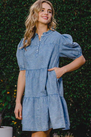 Shop ODDI Washed Tiered Mini Denim Dress Now On Klozey Store - Trendy U.S. Premium Women Apparel & Accessories And Be Up-To-Fashion!