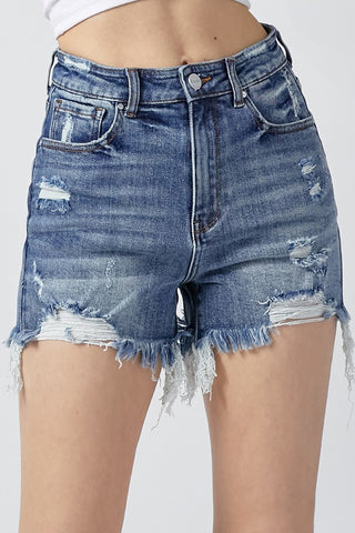 Shop RISEN High Rise Distressed Denim Shorts Now On Klozey Store - Trendy U.S. Premium Women Apparel & Accessories And Be Up-To-Fashion!