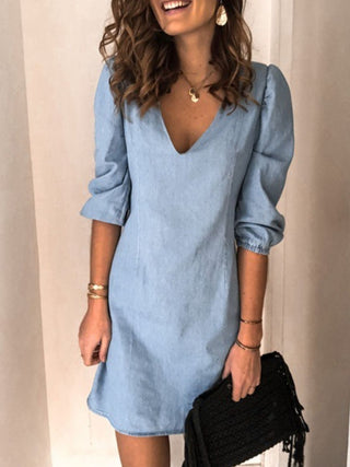 Shop Full Size V-Neck Half Sleeve Denim Dress Now On Klozey Store - Trendy U.S. Premium Women Apparel & Accessories And Be Up-To-Fashion!