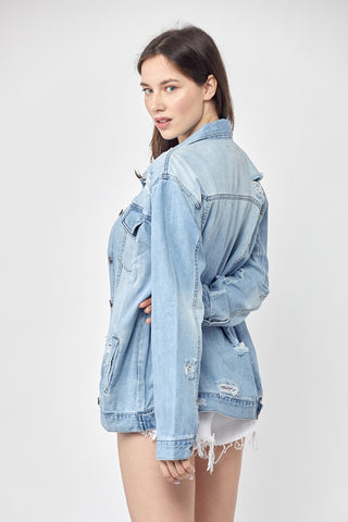 Shop RISEN Full Size Distressed Long Sleeve Denim Jacket Now On Klozey Store - Trendy U.S. Premium Women Apparel & Accessories And Be Up-To-Fashion!