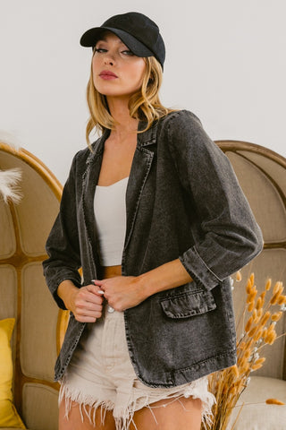 Shop BiBi Single Breasted Washed Denim Blazer Now On Klozey Store - Trendy U.S. Premium Women Apparel & Accessories And Be Up-To-Fashion!