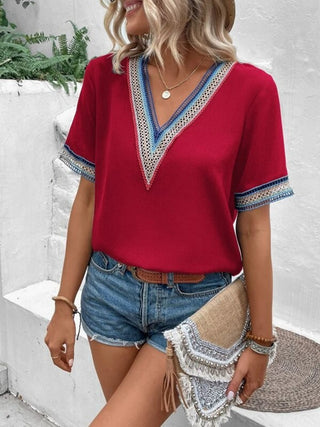 Shop Full Size V-Neck Short Sleeve Blouse Now On Klozey Store - Trendy U.S. Premium Women Apparel & Accessories And Be Up-To-Fashion!