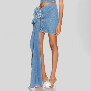 Shop Flower Trim Ruched Denim Skirt Now On Klozey Store - Trendy U.S. Premium Women Apparel & Accessories And Be Up-To-Fashion!