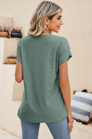 Shop Eyelet V-Neck Petal Sleeve T-Shirt Now On Klozey Store - Trendy U.S. Premium Women Apparel & Accessories And Be Up-To-Fashion!