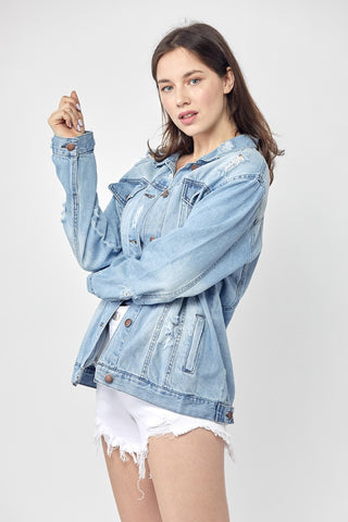 Shop RISEN Full Size Distressed Long Sleeve Denim Jacket Now On Klozey Store - Trendy U.S. Premium Women Apparel & Accessories And Be Up-To-Fashion!