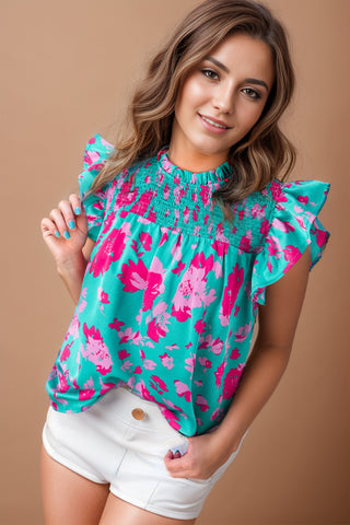 Shop Ruffled Printed Mock Neck Cap Sleeve Blouse Now On Klozey Store - Trendy U.S. Premium Women Apparel & Accessories And Be Up-To-Fashion!