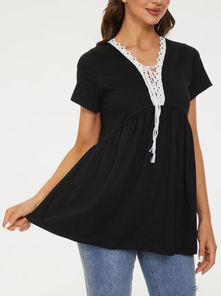 Shop Lace Detail Tie Neck Short Sleeve T-Shirt Now On Klozey Store - Trendy U.S. Premium Women Apparel & Accessories And Be Up-To-Fashion!