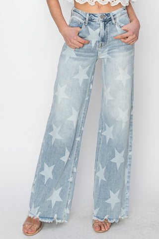 Shop RISEN Full Size Raw Hem Star Wide Leg Jeans Now On Klozey Store - Trendy U.S. Premium Women Apparel & Accessories And Be Up-To-Fashion!