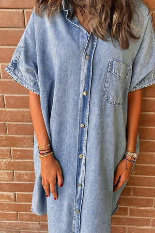 Shop Pocketed Button Up Half Sleeve Denim Dress Now On Klozey Store - Trendy U.S. Premium Women Apparel & Accessories And Be Up-To-Fashion!