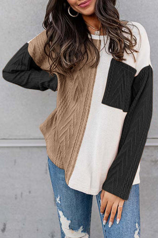 Shop Full Size Color Block Cable-Knit Sweater Now On Klozey Store - Trendy U.S. Premium Women Apparel & Accessories And Be Up-To-Fashion!