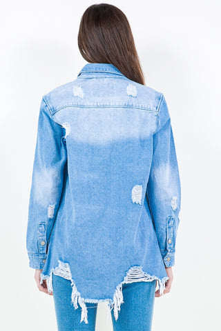 Shop American Bazi Frayed Hem Distressed Denim Shirt Jacket Now On Klozey Store - Trendy U.S. Premium Women Apparel & Accessories And Be Up-To-Fashion!