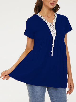 Shop Lace Detail Tie Neck Short Sleeve T-Shirt Now On Klozey Store - Trendy U.S. Premium Women Apparel & Accessories And Be Up-To-Fashion!