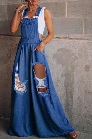 Shop Distressed Wide Leg Denim Overalls Now On Klozey Store - Trendy U.S. Premium Women Apparel & Accessories And Be Up-To-Fashion!