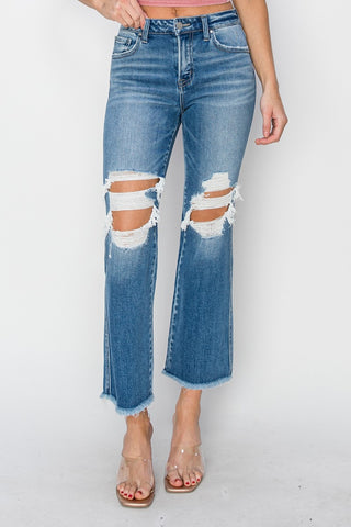 Shop RISEN Mid Rise Distressed Cropped Flare Jeans Now On Klozey Store - Trendy U.S. Premium Women Apparel & Accessories And Be Up-To-Fashion!