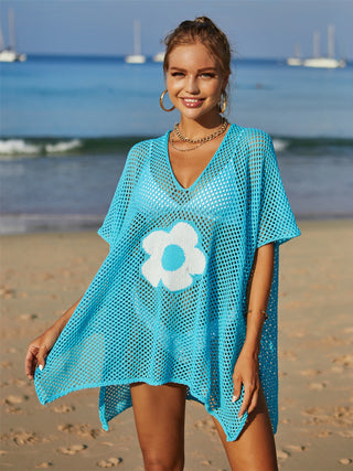 Shop Openwork Flower V-Neck Short Sleeve Cover Up Now On Klozey Store - Trendy U.S. Premium Women Apparel & Accessories And Be Up-To-Fashion!