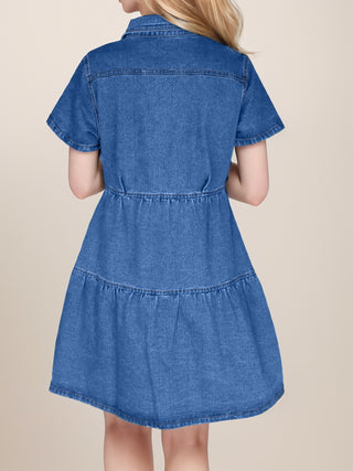 Shop Button Up Short Sleeve Denim Dress Now On Klozey Store - Trendy U.S. Premium Women Apparel & Accessories And Be Up-To-Fashion!