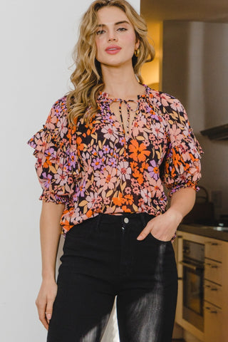 Shop ODDI Full Size Floral Tie Neck Ruffled Blouse Now On Klozey Store - Trendy U.S. Premium Women Apparel & Accessories And Be Up-To-Fashion!