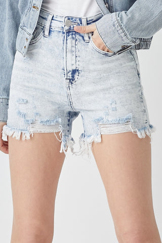 Shop RISEN Raw Hem Distressed High Rise Denim Shorts Now On Klozey Store - Trendy U.S. Premium Women Apparel & Accessories And Be Up-To-Fashion!