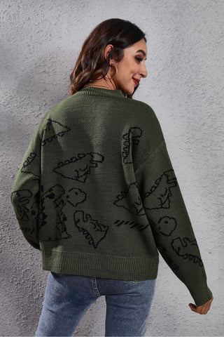 Shop Dinosaur Pattern Round Neck Sweater Now On Klozey Store - Trendy U.S. Premium Women Apparel & Accessories And Be Up-To-Fashion!