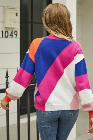 Shop Color Block Round Neck Long Sleeve Sweater Now On Klozey Store - Trendy U.S. Premium Women Apparel & Accessories And Be Up-To-Fashion!