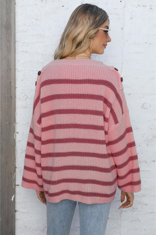 Shop Round Neck Dropped Shoulder Striped Sweater Now On Klozey Store - Trendy U.S. Premium Women Apparel & Accessories And Be Up-To-Fashion!