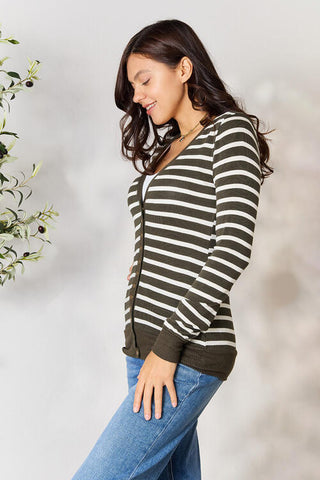 Shop Zenana Full Size Striped Snap Down Cardigan Now On Klozey Store - Trendy U.S. Premium Women Apparel & Accessories And Be Up-To-Fashion!