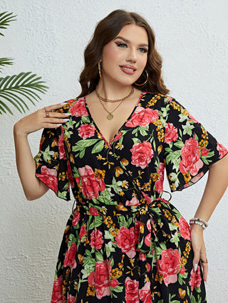Shop Plus Size Floral Tie Belt Surplice Dress Now On Klozey Store - Trendy U.S. Premium Women Apparel & Accessories And Be Up-To-Fashion!