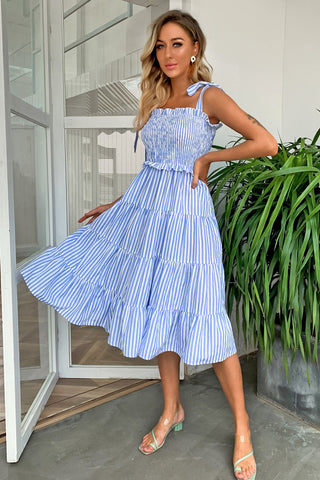 Shop Striped Tie-Shoulder Tiered Dress Now On Klozey Store - Trendy U.S. Premium Women Apparel & Accessories And Be Up-To-Fashion!