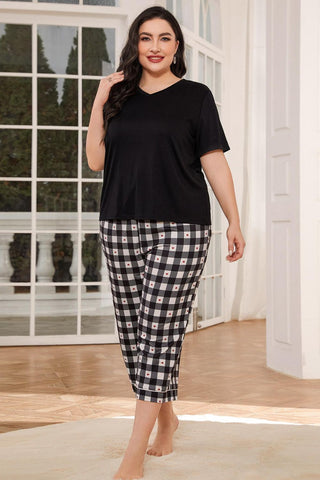 Shop V-Neck Tee and Plaid Cropped Pants Lounge Set Now On Klozey Store - Trendy U.S. Premium Women Apparel & Accessories And Be Up-To-Fashion!