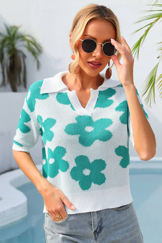 Shop Floral Johnny Collar Half Sleeve Knit Top Now On Klozey Store - Trendy U.S. Premium Women Apparel & Accessories And Be Up-To-Fashion!