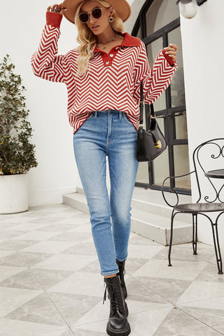Shop Striped Collared Neck Buttoned Pullover Sweater Now On Klozey Store - Trendy U.S. Premium Women Apparel & Accessories And Be Up-To-Fashion!
