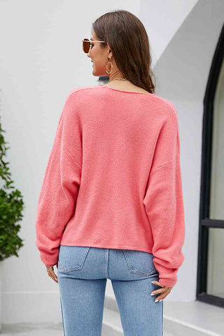 Shop V-Neck Drop Shoulder Long Sleeve Knit Top Now On Klozey Store - Trendy U.S. Premium Women Apparel & Accessories And Be Up-To-Fashion!