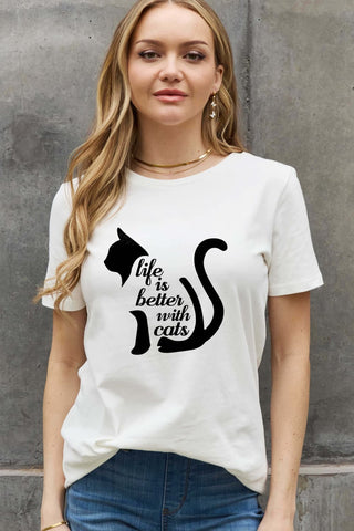 Shop Simply Love Full Size LIFE IS BETTER WITH CATS Graphic Cotton Tee Now On Klozey Store - Trendy U.S. Premium Women Apparel & Accessories And Be Up-To-Fashion!