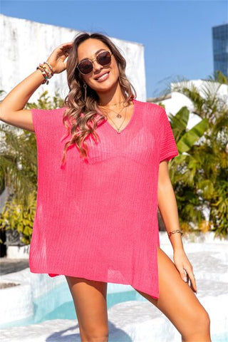 Shop Slit V-Neck Short Sleeve Cover Up Now On Klozey Store - Trendy U.S. Premium Women Apparel & Accessories And Be Up-To-Fashion!