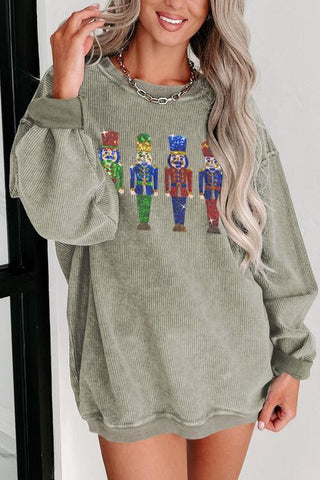 Shop Sequin Nutcracker Drop Shoulder Sweatshirt Now On Klozey Store - Trendy U.S. Premium Women Apparel & Accessories And Be Up-To-Fashion!