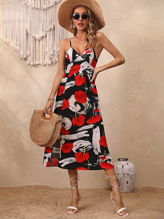Shop Floral Spaghetti Strap Slit Hem Dress Now On Klozey Store - Trendy U.S. Premium Women Apparel & Accessories And Be Up-To-Fashion!