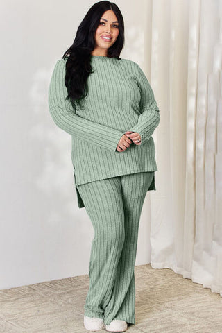 Shop Basic Bae Full Size Ribbed High-Low Top and Wide Leg Pants Set Now On Klozey Store - Trendy U.S. Premium Women Apparel & Accessories And Be Up-To-Fashion!